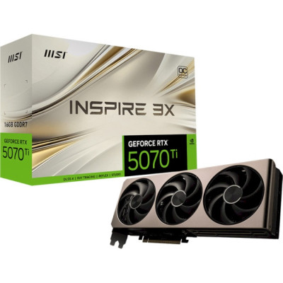 Відеокарта GeForce RTX 5070 Ti, MSI, INSPIRE 3X OC, 16Gb GDDR7, 256-bit, HDMI/3xDP, 2497/28000 MHz, 16-pin (G507T-16I3C)