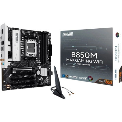 Материнська плата AM5 Asus B850M MAX GAMING WIFI, B850, 4xDDR5, Int.Video (CPU), 4xSATA3, 3xM.2, 1xPCI-E 5.0 x16, 3xPCI-E 4.0 x16, Realtek 7.1, Realtek 1Gb, WiFi 6, Bluetooth 5.3, 7xUSB 3.2 / 7xUSB 2.0, HDMI/DP, MicroATX
