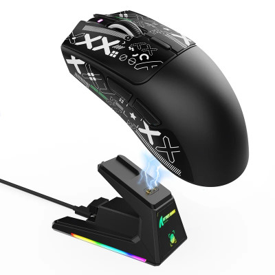 Миша бездротова Attack Shark X1 + док-станція, Black (Grip Tape), Bluetooth 5.2 / USB 2.4GHz / Type-C, оптична (сенсор PixArt PAW3395 Pro), до 40 000 dpi, 60G, 700IPS, 5 кнопок, перемикачі Omron, акумулятор, 53 г