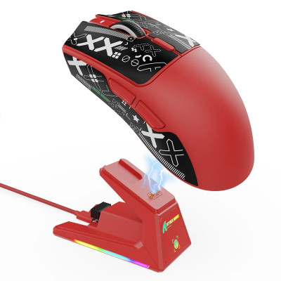 Миша бездротова Attack Shark X1 + док-станція, Red (Grip Tape), Bluetooth 5.2 / USB 2.4GHz / Type-C, оптична (сенсор PixArt PAW3395 Pro), до 40 000 dpi, 60G, 700IPS, 5 кнопок, перемикачі Omron, акумулятор, 53 г