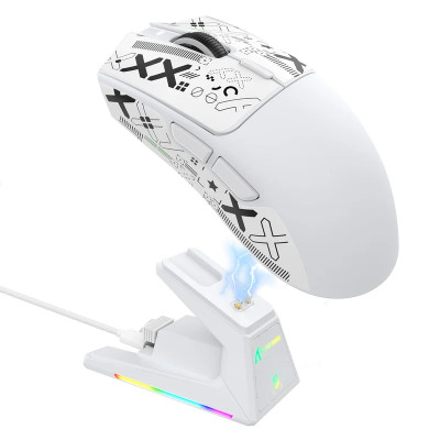 Миша бездротова Attack Shark X1 + док-станція, White (Grip Tape), Bluetooth 5.2 / USB 2.4GHz / Type-C, оптична (сенсор PixArt PAW3395 Pro), до 40 000 dpi, 60G, 700IPS, 5 кнопок, перемикачі Omron, акумулятор, 53 г
