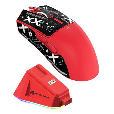 Миша бездротова Attack Shark X11 + док-станція, Red (Tape), Bluetooth 5.2 / USB 2.4GHz / Type-C, оптична (сенсор PixArt PAW3311), до 22 000 dpi, 40G, 400IPS, 5 кнопок, перемикачі Huano, акумулятор, 63 г