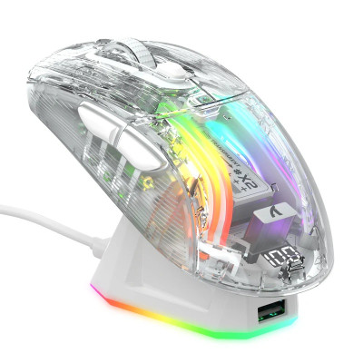 Миша бездротова Attack Shark X2 Pro + док-станція, Transparent White, Bluetooth 5.2 / USB 2.4GHz / Type-C, оптична (сенсор PixArt PAW3212), 1200 - 4000 dpi, RGB підсвічування, 5 кнопок, акумулятор 800 mAh