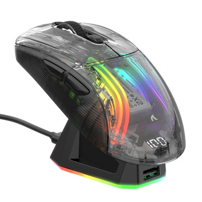 Миша бездротова Attack Shark X2 Pro + док-станція, Transparent Black, Bluetooth 5.2 / USB 2.4GHz / Type-C, оптична (сенсор PixArt PAW3212), 1200 - 4000 dpi, RGB підсвічування, 5 кнопок, акумулятор 800 mAh