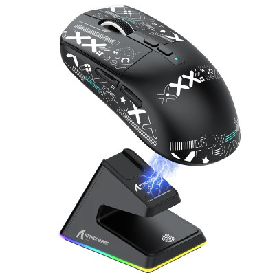 Миша бездротова Attack Shark X6 + док-станція, Black (Tape), Bluetooth 5.2 / USB 2.4GHz / Type-C, оптична (сенсор PixArt PAW3395), до 26 000 dpi, 50G, 650IPS, 5 кнопок, перемикачі Kailh GM 8.0, акумулятор, 49 г