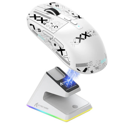 Миша бездротова Attack Shark X6 + док-станція, White (Tape), Bluetooth 5.2 / USB 2.4GHz / Type-C, оптична (сенсор PixArt PAW3395), до 26 000 dpi, 50G, 650IPS, 5 кнопок, перемикачі Kailh GM 8.0, акумулятор, 49 г