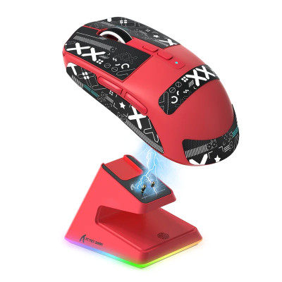 Миша бездротова Attack Shark X6 + док-станція, Red (Tape), Bluetooth 5.2 / USB 2.4GHz / Type-C, оптична (сенсор PixArt PAW3395), до 26 000 dpi, 50G, 650IPS, 5 кнопок, перемикачі Kailh GM 8.0, акумулятор, 49 г