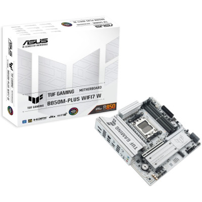 Материнська плата AM5 Asus TUF GAMING B850M-PLUS WIFI7 W, B850, 4xDDR5, Int.Video (CPU), 4xSATA3, 3xM.2, 1xPCI-E 5.0 x16, 1xPCI-E 4.0 x1, ALC1220P, Realtek 2.5Gb, WiFi 7, Bluetooth 5.4, 10xUSB 3.2 / 6xUSB 2.0, HDMI/DP, MicroATX
