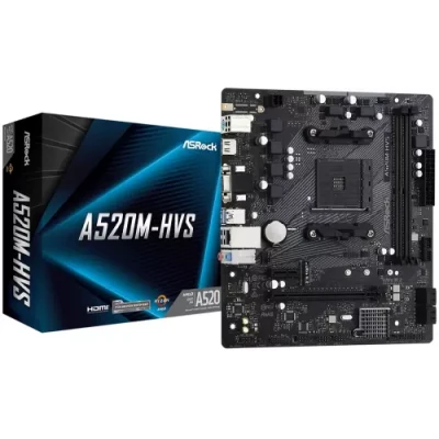 Мат.плата AM4 (A520) ASRock A520M-HVS, A520, 2xDDR4, Int.Video(CPU), 4xSATA3, 1xM.2, 1xPCI-E 16x 3.0, 1xPCI-E 1x 3.0, ALC887, RTL8111H, 6xUSB3.2/6xUSB2.0, VGA/HDMI, MicroATX