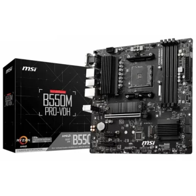 Мат.плата AM4 (B550) MSI B550M PRO-VDH, B550, 4xDDR4, Int.Video(CPU), 4xSATA3, 2xM.2, 1xPCI-E 16x 4.0, 2xPCI-E 1x 3.0, ALC892, RTL8111HN, 7xUSB3.2/6xUSB2.0, VGA/HDMI/DP, MicroATX