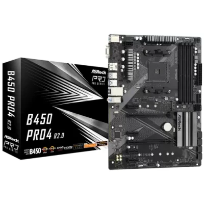Мат.плата AM4 (B450) AsRock B450 Pro4 R2.0, B450, 4xDDR4, CrossFire, Int.Video(CPU), 6xSATA3, 2xM.2, 2xPCI-E 16x 3.0, 4xPCI-E 1x 2.0, ALC897, RTL8111H, 6xUSB3.2/6xUSB2.0, VGA/HDMI/DP, ATX