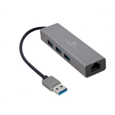 Хаб USB Cablexpert A-AMU3-LAN-01, Grey, USB 3.1 - 3xUSB 3.1 / GLan, кабель 17 см, алюмінієвий корпус