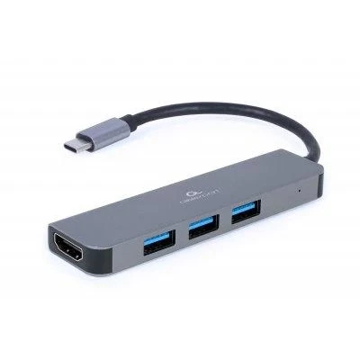 Хаб USB Cablexpert A-CM-COMBO2-01, Grey, Type-C 3.2 - 3xUSB 3.2 / HDMI 4K, кабель 9 см, алюмінієвий корпус