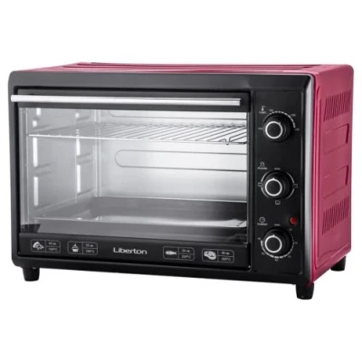 Електродуховка Liberton LEO-400 Red, 2000W, 40 л, поворотні перемикачі, індикатор роботи, таймер, 3 режими нагрівання, термостат 250 град, комплектація решітка, деко, тримач для деко