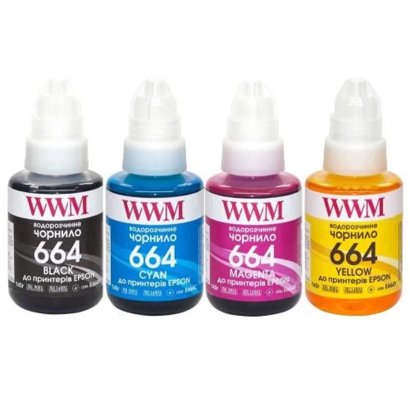 Комплект чорнил WWM Epson 664, L100/L132/L200/L300/L350/L550/L1300/L3050/L3060/L3070, B/C/M/Y, 4x140 мл, водорозчинні (E664SET4)