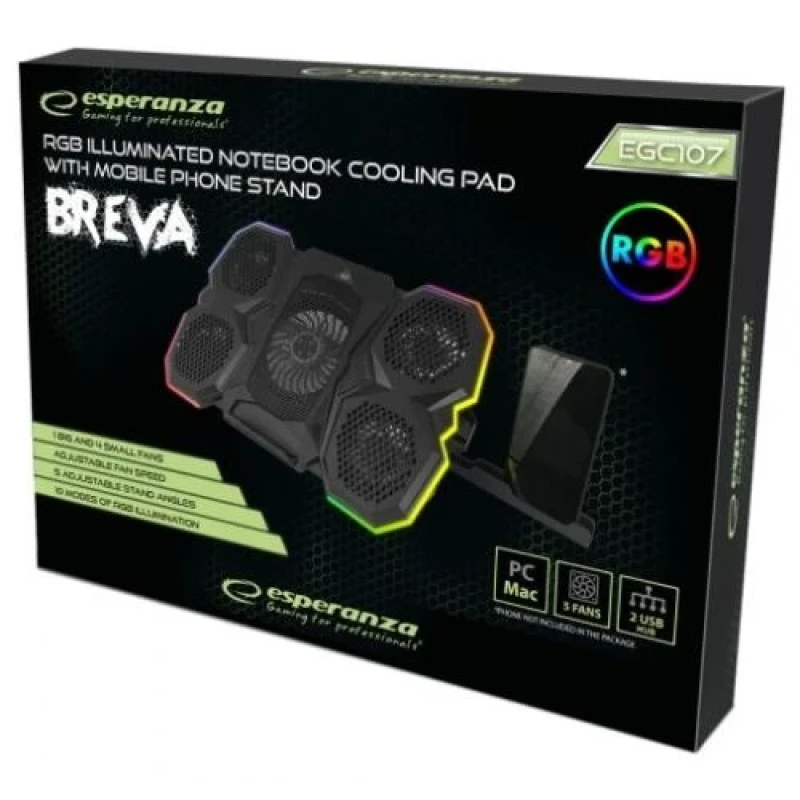 Підставка для ноутбука до 17" Esperanza "Breva", Black, 1x12.5 см / 4x7 см вентилятори (26-30 dB, 1200 / 2600-3000 rpm), 10 режимів RGB підсвічування, тримач для телефону, 2xUSB, 400x288x36 мм (EGC107)