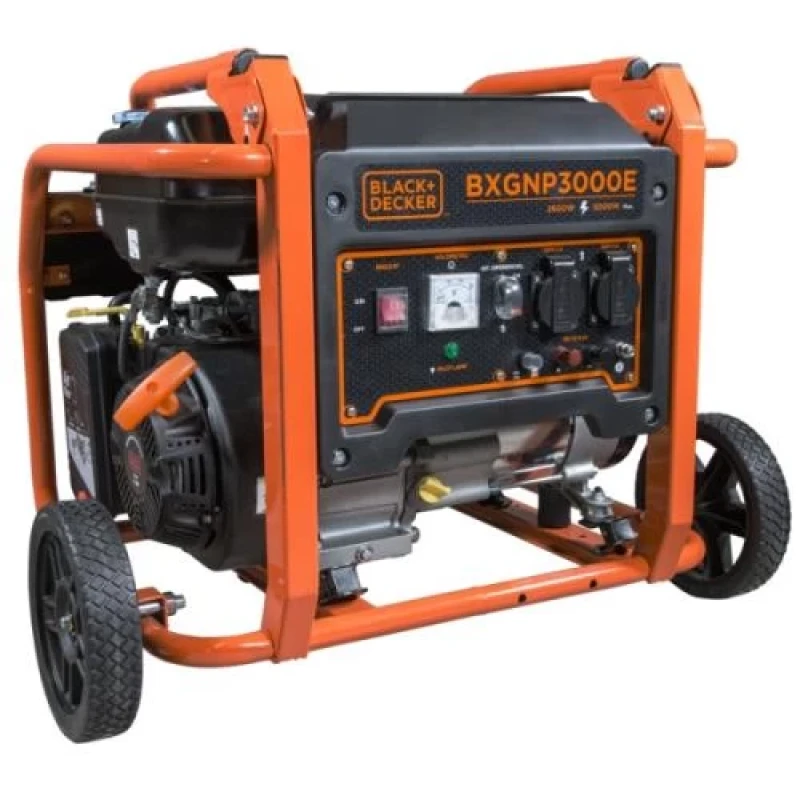 Бензиновий генератор Black&Decker BXGNP3000E, максимальна потужність 3 кВт, номінальна потужність 2.6 кВт, об'єм паливного бака 15л, номінальна напруга 230В, частота 50Гц, 45 кг, 605x480x510 мм