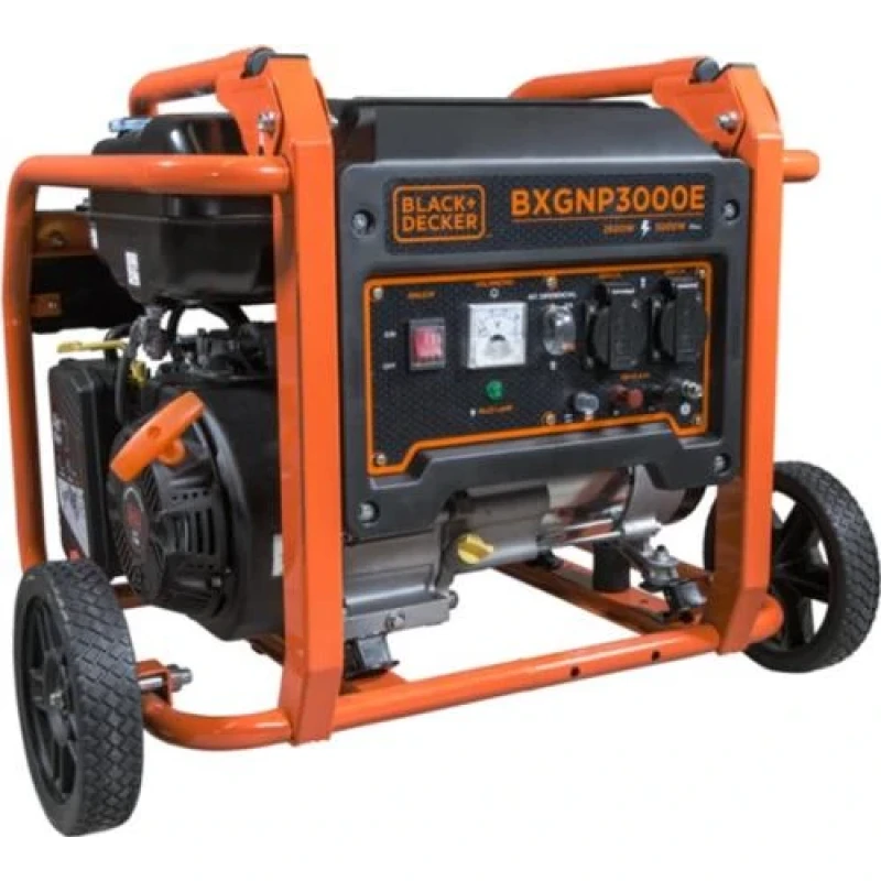 Бензиновий генератор Black&Decker BXGNP3000E, максимальна потужність 3 кВт, номінальна потужність 2.6 кВт, об'єм паливного бака 15л, номінальна напруга 230В, частота 50Гц, 45 кг, 605x480x510 мм