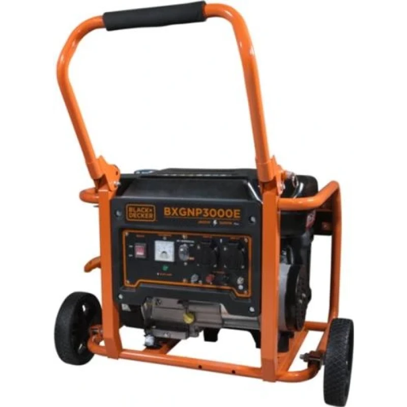 Бензиновий генератор Black&Decker BXGNP3000E, максимальна потужність 3 кВт, номінальна потужність 2.6 кВт, об'єм паливного бака 15л, номінальна напруга 230В, частота 50Гц, 45 кг, 605x480x510 мм