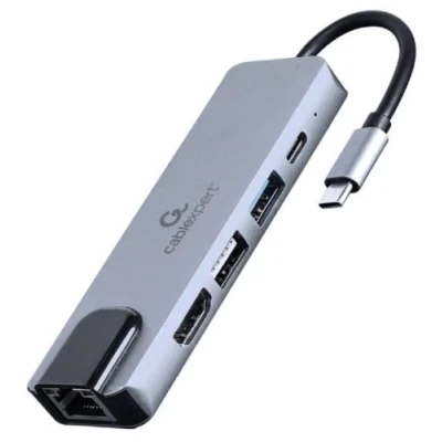 Хаб USB Cablexpert "5-in-1", Grey, Type-C 3.2 - 1xType-C (87 Вт) / 1xUSB 3.2 / 1xUSB 2.0 / HDMI 4K / GLan, кабель 12 см, алюмінієвий корпус (A-CM-HDMIF-02-SV)