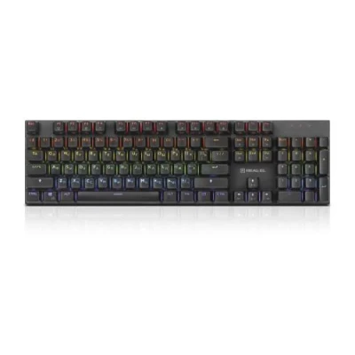 Клавіатура REAL-EL M 13, Grey, USB, механічна (перемикачі Huano Blue), RGB підсвічування (20 режимів), NKRO, металева основа, 104 кнопки