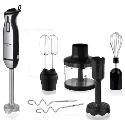 Блендер Liberton LHB-0306 Black, 1000W, занурювальний, плавне регулювання швидкості + Турбо, аксесуари: вінчик для збивання, мірний стакан (600мл), чаша подрібнювача (500мл), насадка-міксер, гак для тіста, насадка для пюре