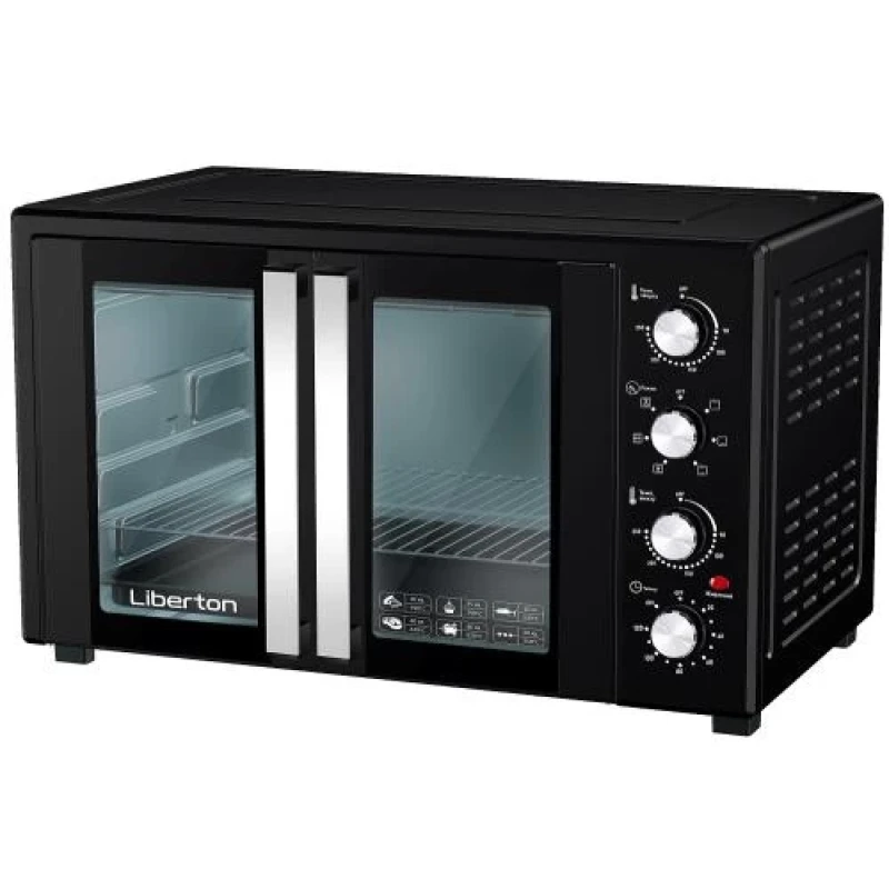 Електродуховка Liberton LEO-600 Black, 1900W, 60л, подвійні розпашні дверцята, 6 режімів нагріву, конвекція, підсвітка, 70-250 °C, механічне керування, таймер, рожен, решітка, деко, лоток для крихт та жиру, тримач для дека, терморукавиця