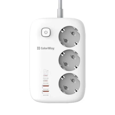 Фільтр мережевий ColorWay GaN3 Pro, 3 розетки, 2 м, White, 2xUSB (60 Вт, QC3.0), 2xType-C (65 Вт, PD3.0), дріт з міді (до 3250 Вт), 16A (CW-CHE34PDW)