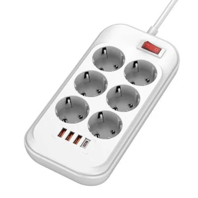 Фільтр мережевий ColorWay, 6 розеток, 2 м, White, 1xType-C (20 Вт, PD3.0), 3xUSB (18 Вт, QC3.0), дріт з міді (до 2500 Вт), 10A (CW-CHE64PDW)