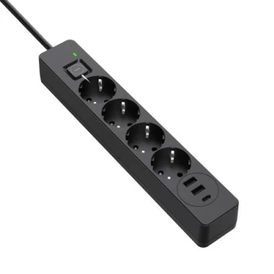 Фільтр мережевий ColorWay, 4 розетки, 2 м, Black, 1xType-C (20 Вт, PD3.0), 2xUSB (18 Вт, QC3.0), дріт з міді (до 2300 Вт), 10A (CW-CHE432PDB)