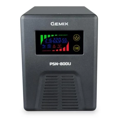 Джерело безперебійного живлення Gemix PSN-800U, Black, 800 ВА, 480 Вт, 3xSchuko, чиста синусоїда, LCD екран, зовнішня батарея (12V, 50-200 Аг), 39х16х18 см, 7.2 кг, без акумуляторів у комплекті !