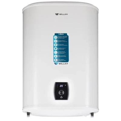 Водонагрівач Willer EVH50DRI Libra, White, 2000W, 50л, плаский, сухий ТЕН, універсальний монтаж, 2 ТЕНи, електронне керування, цифровий дисплей, 2 режими потужності, зовнішній терморегулятор, бак титанокварцова емаль, D, 86.5х47х27см