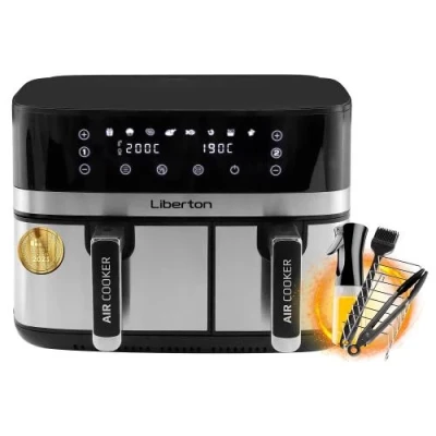 Мультипіч Liberton LAF-3205, Black/Inox, 2700W, 9л (5.5+3.5), 8 програм, 2 чаші, роздільне приготування, керування сенсорне, дисплей, таймер, антипригарне покриття чаші, 80-200 ˚C, спрей для олії, тримач для тостів, щипці для іжі, щітка для олії