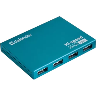 Хаб USB Defender Septima Slim, Cyan, USB 2.0 - 7xUSB 2.0, кабель 93 см, блок живлення (83505)