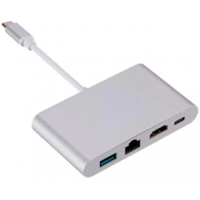 Хаб USB Dynamode "4-in-1", Grey, Type-C 3.1 - 1xType-C / 1xUSB 3.0 / HDMI 4K / GLan, кабель 8 см, алюмінієвий корпус (Multiport USB 3.1 Type-C to HDMI-RJ45)