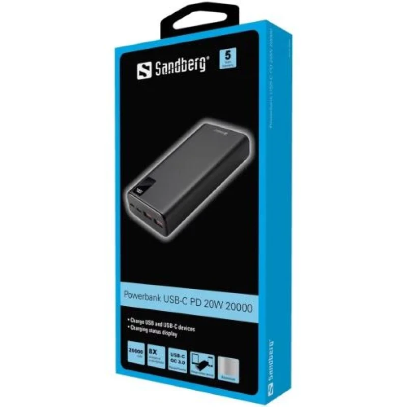 Універсальна мобільна батарея 20000 mAh, Sandberg 20W, Black, 2xUSB (420-59)