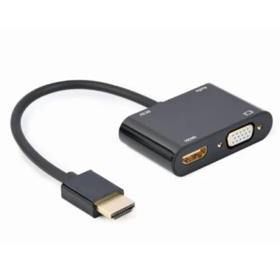 Перехідник HDMI (M) - HDMI (F) / VGA (F), Cablexpert, Black, 15 см, 3.5 мм для передачі звуку, microUSB для додаткового живлення (A-HDMIM-HDMIFVGAF-01)