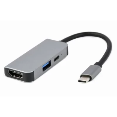 Хаб USB Cablexpert "3-in-1", Grey, Type-C 3.1 - 1xType-C (87 Вт) / 1xUSB 3.1 / HDMI 4K, кабель 12 см, алюмінієвий корпус (A-CM-COMBO3-02)