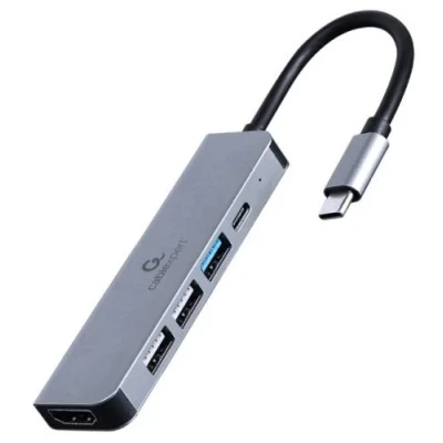 Хаб USB Cablexpert "5-in-1", Grey, Type-C 3.1 - 1xType-C (87 Вт) / 1xUSB 3.1 / 2xUSB 2.0 / HDMI 4K, кабель 12 см, алюмінієвий корпус (A-CM-COMBO5-03)