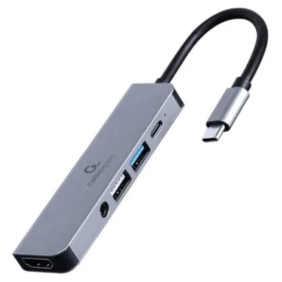 Хаб USB Cablexpert "5-in-1", Grey, Type-C 3.1 - 1xType-C (87 Вт) / 1xUSB 3.1 / 1xUSB 2.0 / HDMI 4K / 3.5 мм, кабель 15 см, алюмінієвий корпус (A-CM-COMBO5-02)