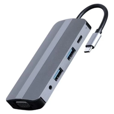 Хаб USB Cablexpert "8-in-1", Grey, Type-C 3.1 - 1xType-C (87 Вт) / 2xUSB 3.1 / HDMI 4K / VGA / microSD / SD / 3.5 мм, кабель 12 см, алюмінієвий корпус (A-CM-COMBO8-02)