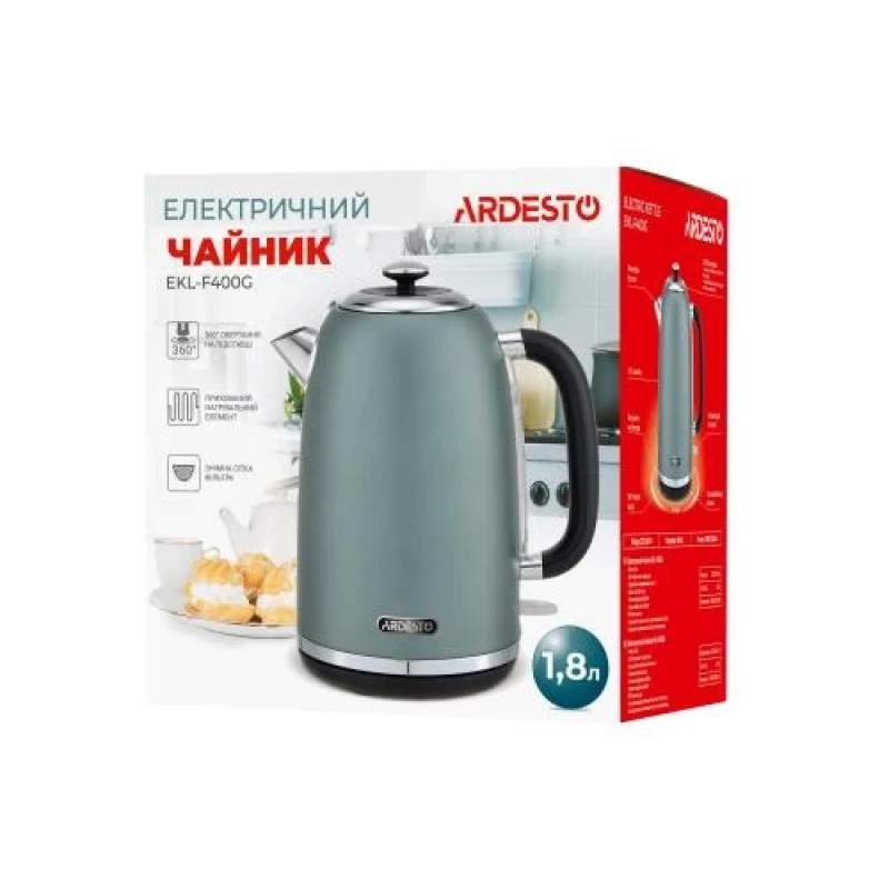 Електрочайник Ardesto EKL-F400G, Mint, 2200 Вт, 1.8 л, дисковий, індикатор роботи, корпус нержавіюча сталь, захист від перегріву та автоматичне відключення при відсутності води