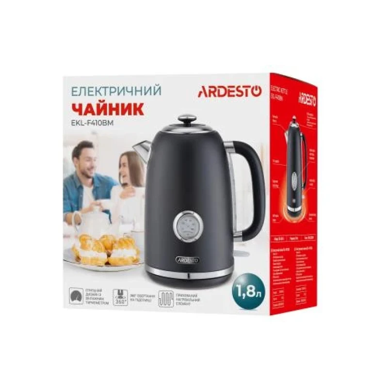 Електрочайник Ardesto EKL-F410BM, Black, 2200W, 1.8 л, дисковий, нержавіюча сталь, захист від перегріву, індикатор рівня води