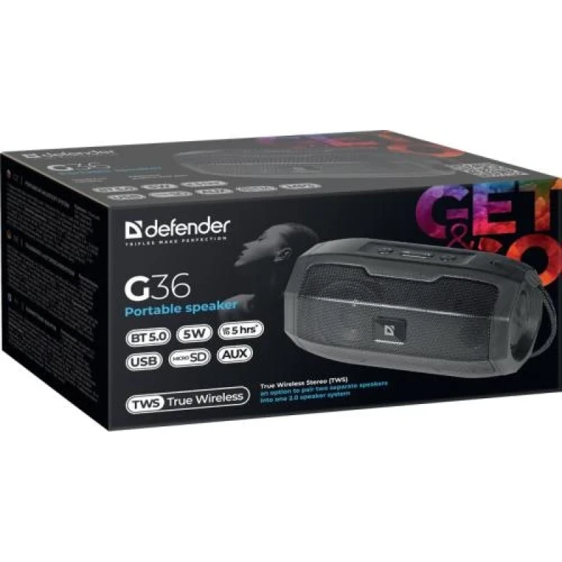 Колонка портативна Defender G36, Black, 5 Вт, Bluetooth, 1200 mAh (65036)