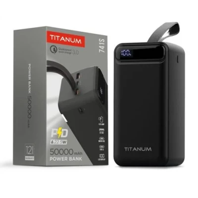 Універсальна мобільна батарея 50000 mAh, Titanum 741S, Black, 22.5 Вт, 2xUSB / Type-C, QC 3.0, PD, LED ліхтарик (TPB-741S-B) Універсальна мобільна батарея 50000 mAh, Titanum 741S, Black, 22.5 Вт, 2xUSB / Type-C, QC 3.0, PD, LED ліхтарик (TPB-741S-B)
