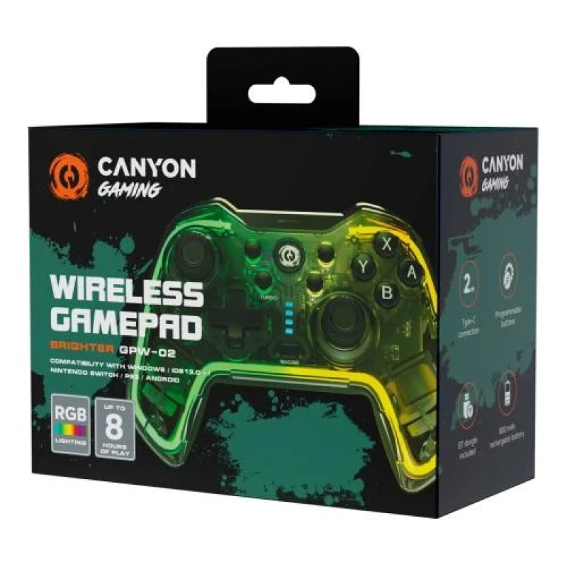 Геймпад Canyon GPW-02 "Brighter", Green / Yellow, бездротовий (Bluetooth), для ПК / PS3 / Android / Nintendo Switch, 22 кнопки (12 програмованих), подвійна вібрація, RGB підсвічування, 800 mAh (CND-GPW02)