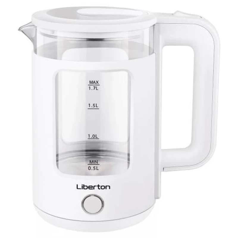 Електрочайник Liberton LEK-6830, White, 1500W, 1.7л, дисковий, подвійна стінка (нержавіюча сталь+скло), LED-підсвічування, автовідключення, індикатор включення, відкривання кришки ручне, шкала рівня води внутрішня