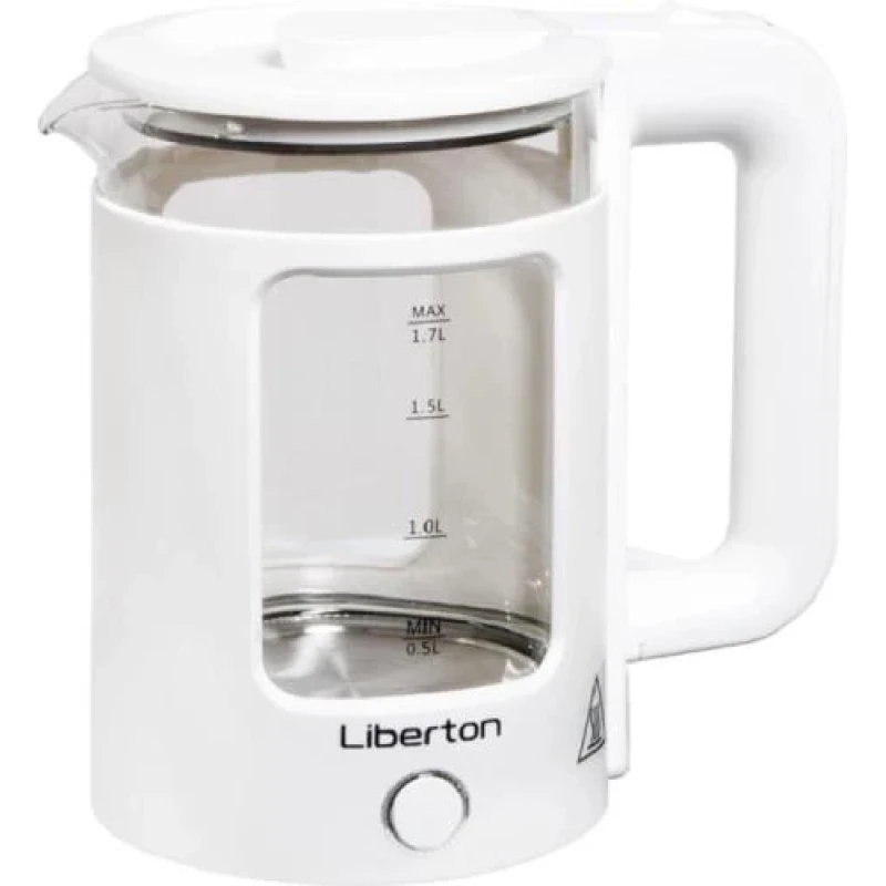 Електрочайник Liberton LEK-6830, White, 1500W, 1.7л, дисковий, подвійна стінка (нержавіюча сталь+скло), LED-підсвічування, автовідключення, індикатор включення, відкривання кришки ручне, шкала рівня води внутрішня