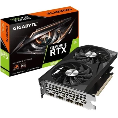 Відеокарта GeForce RTX 3050, Gigabyte, WINDFORCE OC V2, 8Gb GDDR6, 128-bit, 2xHDMI/2xDP, 1792/14000 MHz, 8-pin (GV-N3050WF2OCV2-8GD)