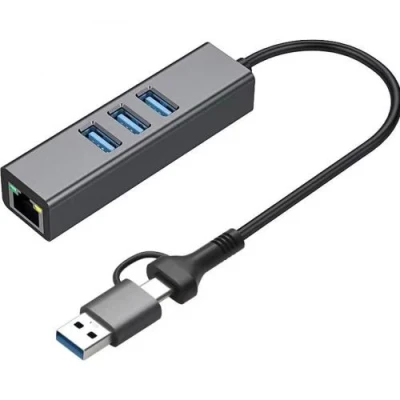 Хаб USB Dynamode DM-AD-GLAN-U3, Grey, Type-C / USB 3.0 - 3xUSB 3.0 / GLan, кабель 13 см, алюмінієвий корпус